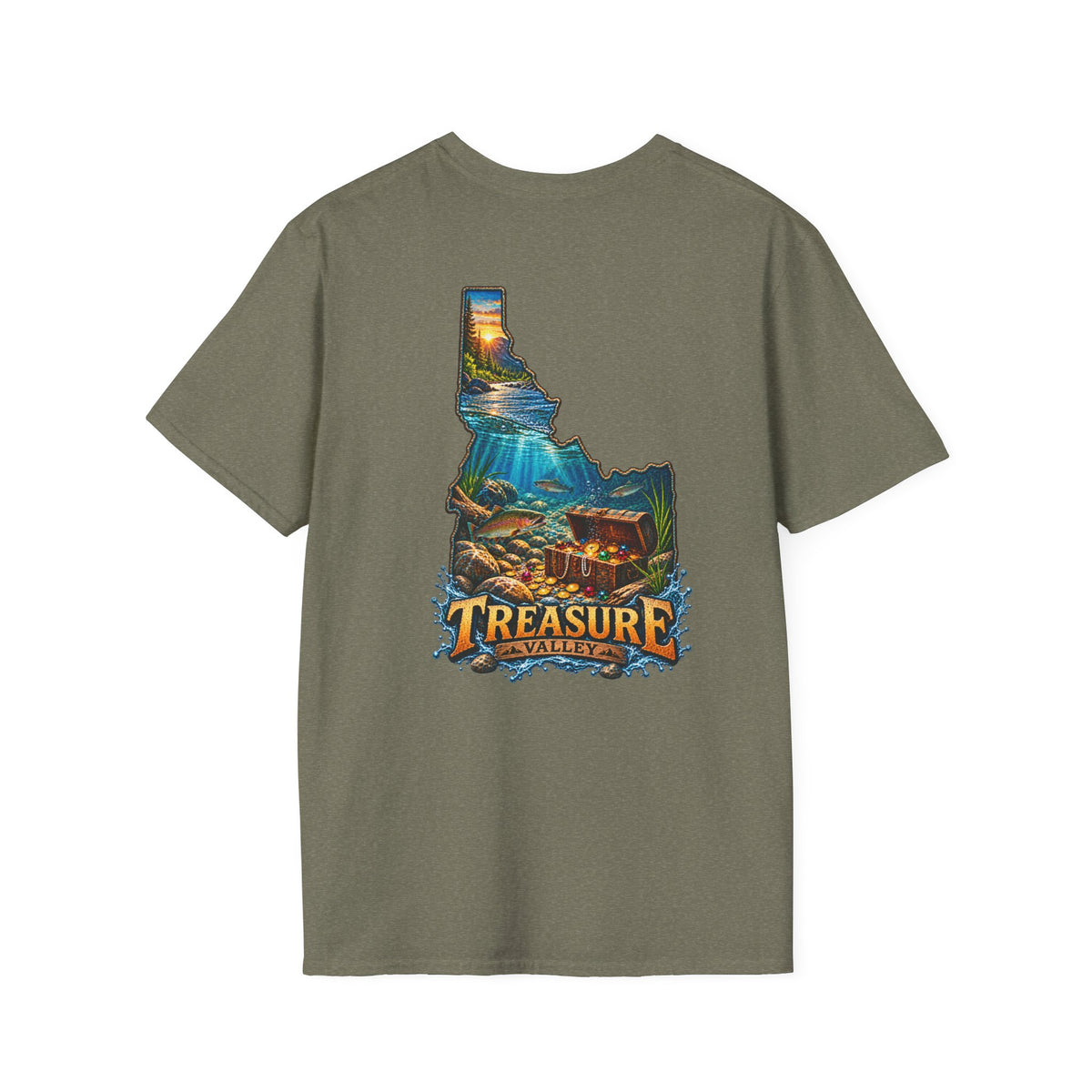 Treasure Valley Idaho T-Shirt with a Rainbow Trout, River and Mountain Sunrise Graphic Tee