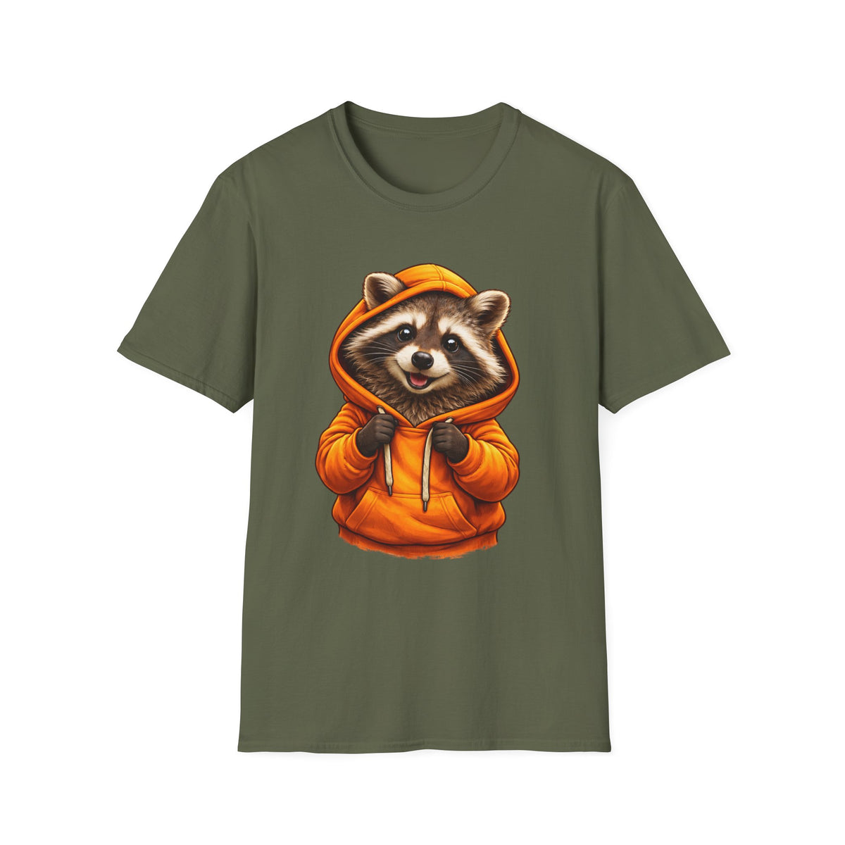 Ralfy Raccoon in Orange Hoodie Adult Unisex T-Shirt, Cute Camping Wildlife Graphic Tee