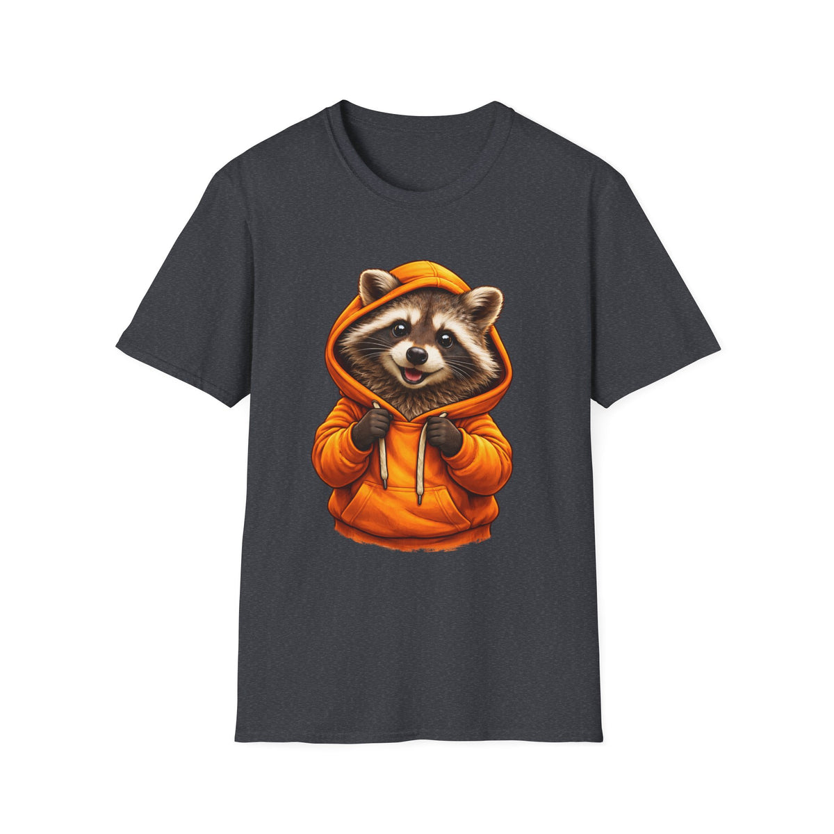 Ralfy Raccoon in Orange Hoodie Adult Unisex T-Shirt, Cute Camping Wildlife Graphic Tee