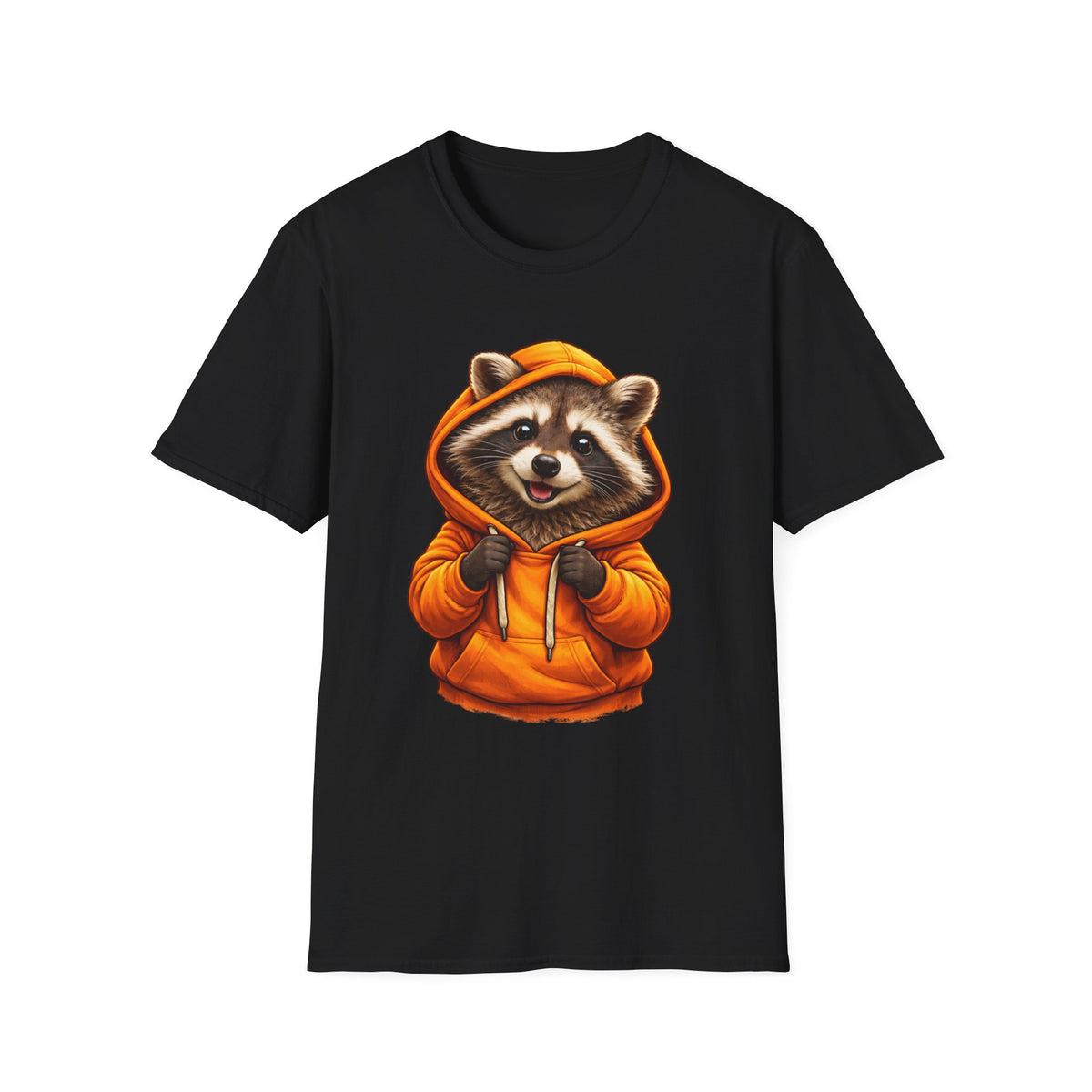 Ralfy Raccoon in Orange Hoodie Adult Unisex T-Shirt, Cute Camping Wildlife Graphic Tee