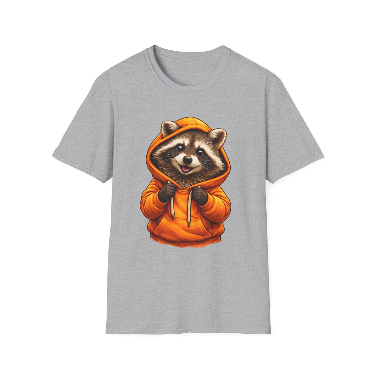 Ralfy Raccoon in Orange Hoodie Adult Unisex T-Shirt, Cute Camping Wildlife Graphic Tee